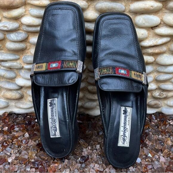 Brighton Lucy Black Lucy Slip On Loafers w/Western Beaded Strap. Size 7N Boho - Picture 1 of 9